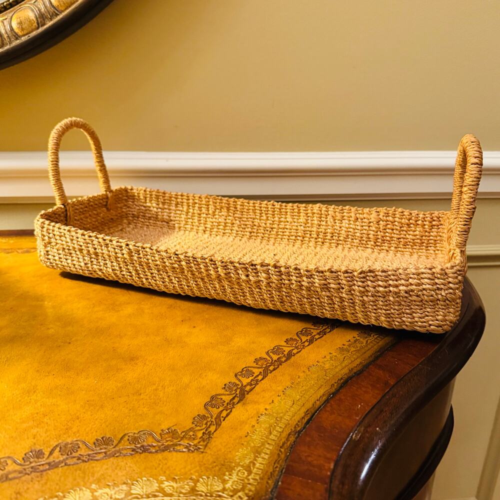 Large Boho Woven Wicker Tan Rectangular Tray Basket with Handles Organize Gift